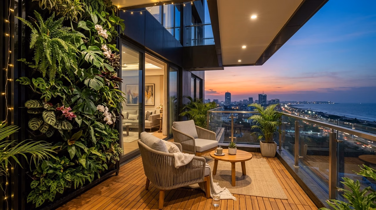 Styled high-rise apartment balcony with vertical gardens