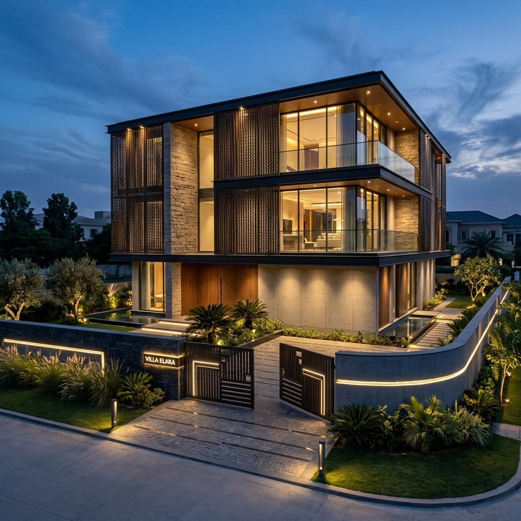 Modern villa front elevation exterior design by Glowspace Chennai