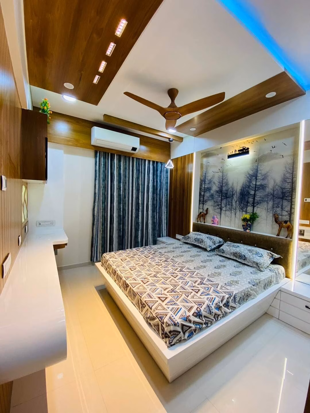 Luxury master bedroom interior design with integrated wardrobe and accent lighting