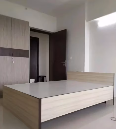 Modern cozy bedroom design layout with neutral textures
