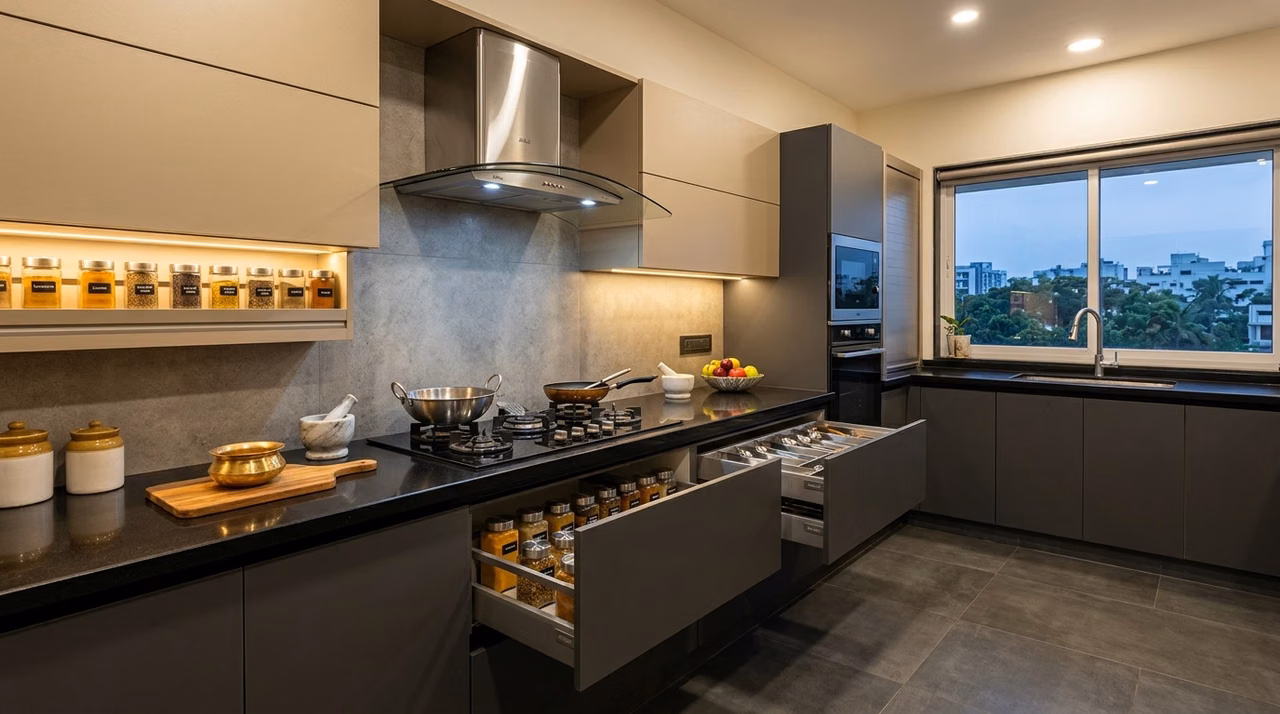 Premium high-gloss modular kitchen designed for Indian cooking