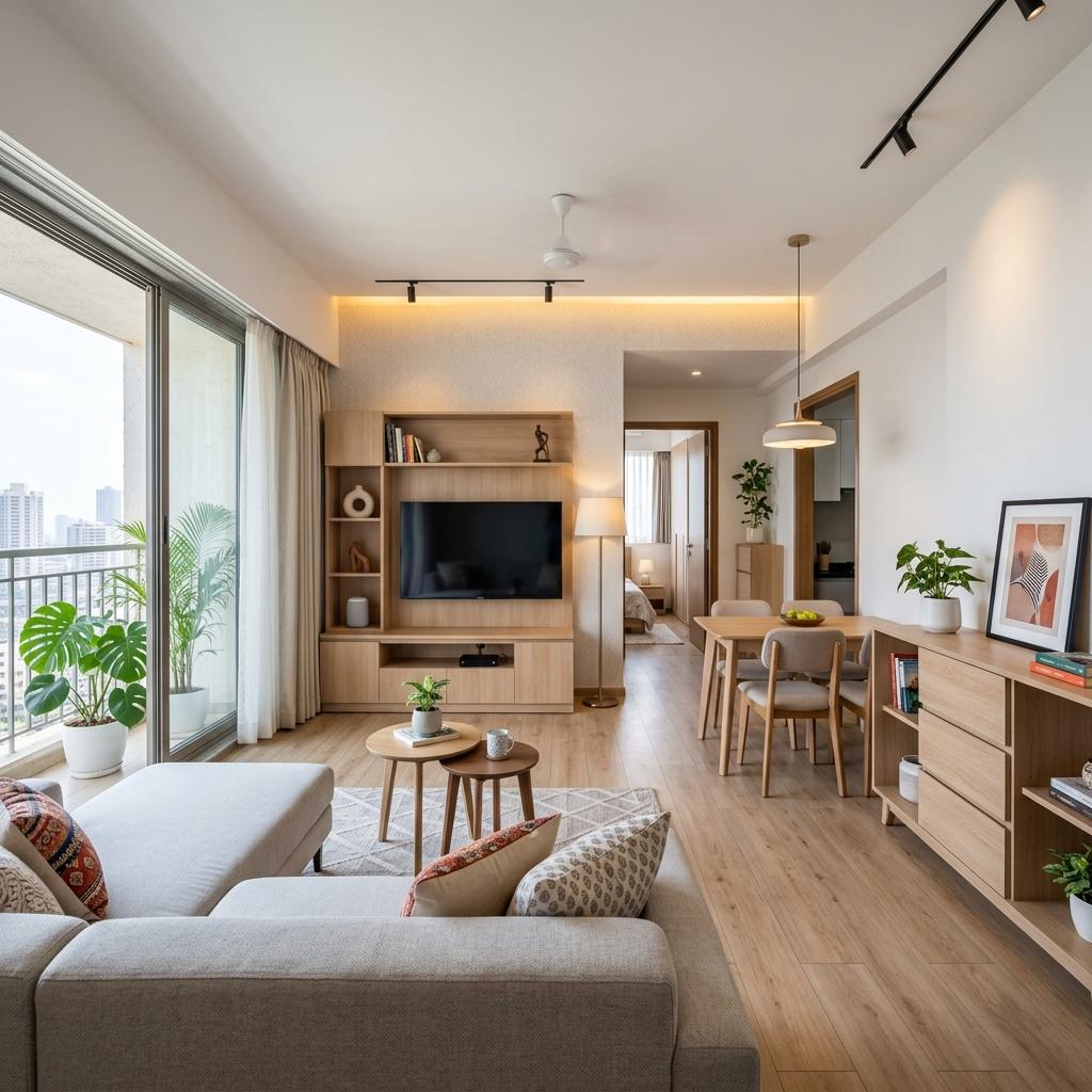 Bright and modern 2BHK living room with smart storage solutions