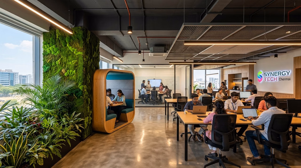 Vibrant open-plan modern IT startup office workspace