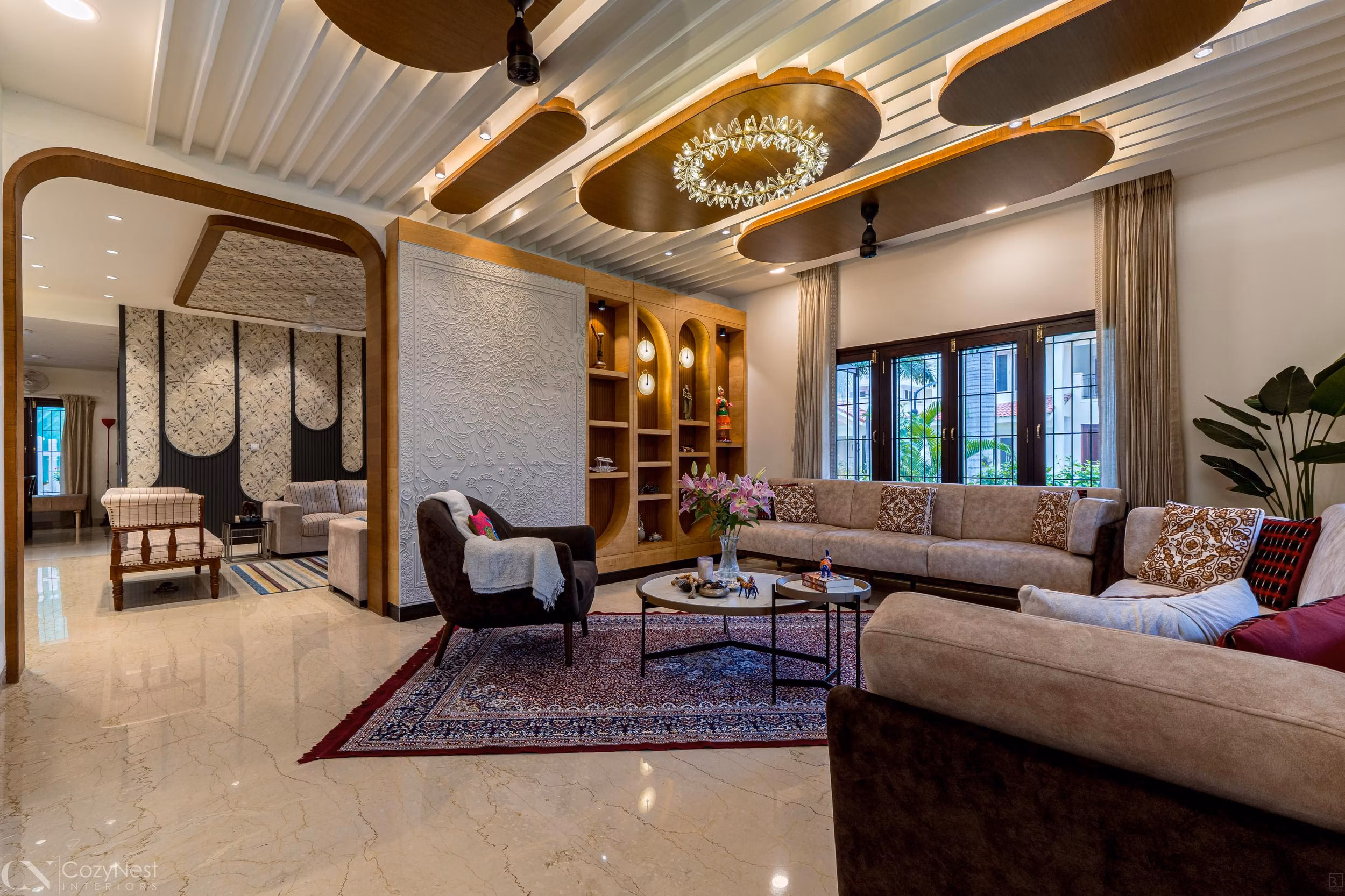 Dimly lit luxury living room interior designed by Glowspace Interiors Chennai