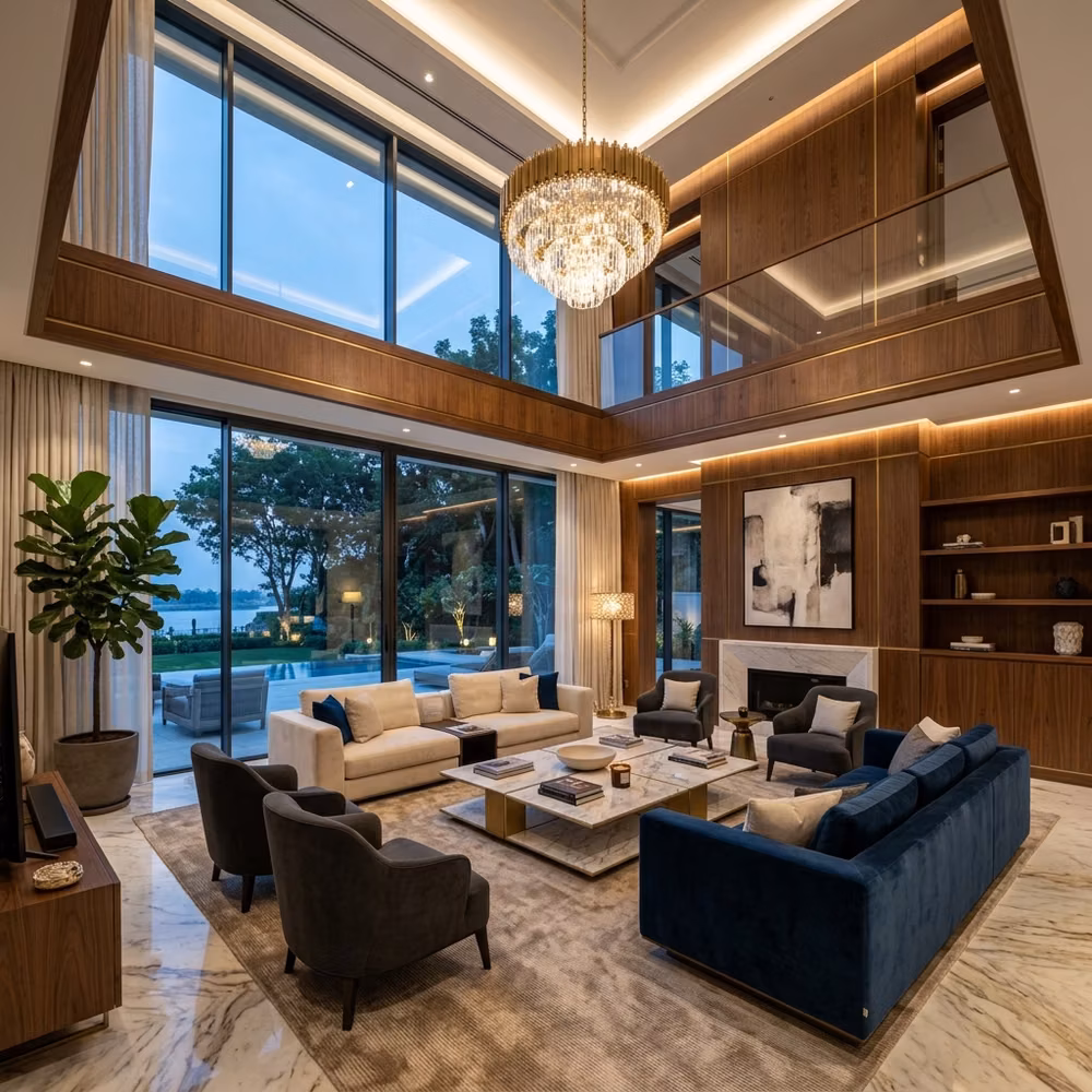 Luxury villa living room design project by Glowspace Chennai
